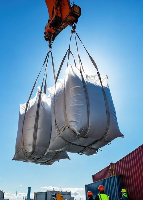 Crane lifting bulk bags in a sunny port with dock workers